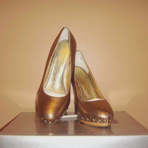 Matiko Leather Copper Colored Wooden Wedge Heels - Size 6.5